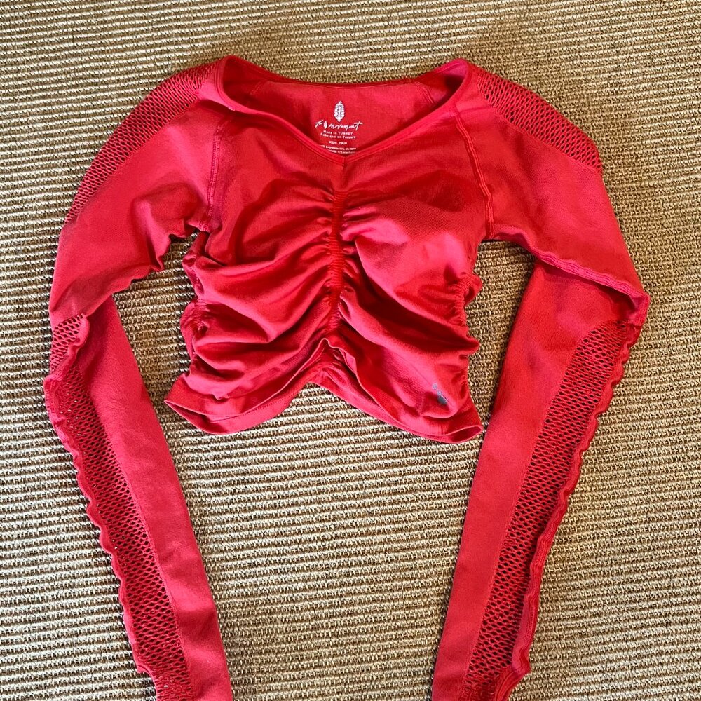 Free People red fishnet mesh workout top, Size XS